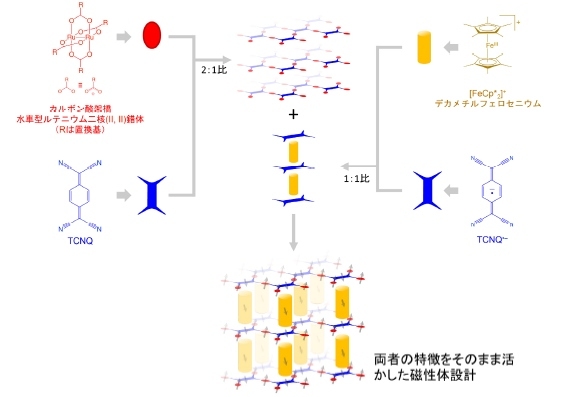 カルボン酸架橋水車型ルテニウム二核金属錯体とTCNQからなるD2A層状化合物と、πスタックによる一次元カラム状格子をもつ電荷移動磁性体[FeCp*2]+TCNQ–の構造と集積反応の概念図（東北大学の発表資料より）