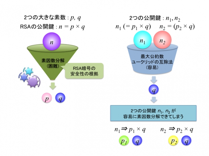 秘密鍵が推定されるおそれがある脆弱性のイメージ（JIPDECとNICTの発表資料より）