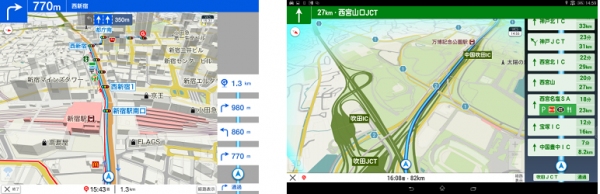 ヤフーは、無料カーナビアプリ「Yahoo!カーナビ」でタブレットに最適化したUIの提供を開始した。（写真：同社の発表資料より）