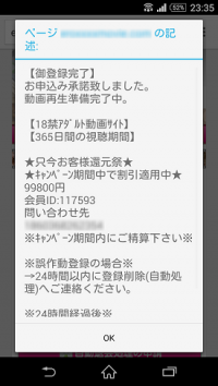 登録に関する詳細情報が記載されているポップアップウィンドウ。［OK］をタップしてウィンドウを閉じようとすると、別のポップアップウィンドウが表示され、指定の番号に電話をかけるように求められる（シマンテックの発表資料より）