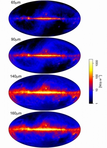 「あかり」は4つの波長で遠赤外線の全天画像を作成した。図の上から順に65マイクロメートル、90マイクロメートル、140マイクロメートル、160マイクロメートルの各全天画像を示す。中央に水平に伸びる天の川が各画像で明るく見える。一方、波長の長い画像は、より低温の星間物質の分布を示し、このような物質は天の川から上下方向により広がっていることが分かる。この差は90マイクロメートルと140マイクロメートルの2波長の画像の間で特に顕著である。100マイクロメートルより短波長の2画像がこれまで「IRAS」により観測されていた遠赤外線の描像、一方100マイクロメートルより長波長の2画像が「あかり」が新しく描き出した遠赤外線の全天の詳細な分布である(東京大学などの発表資料より) 「あかり」は4つの波長で遠赤外線の全天画像を作成した。図の上から順に65マイクロメートル、90マイクロメートル、140マイクロメートル、160マイクロメートルの各全天画像を示す。中央に水平に伸びる天の川が各画像で明るく見える。一方、波長の長い画像は、より低温の星間物質の分布を示し、このような物質は天の川から上下方向により広がっていることが分かる。この差は90マイクロメートルと140マイクロメートルの2波長の画像の間で特に顕著である。100マイクロメートルより短波長の2画像がこれまで「IRAS」により観測されていた遠赤外線の描像、一方100マイクロメートルより長波長の2画像が「あかり」が新しく描き出した遠赤外線の全天の詳細な分布である(東京大学などの発表資料より)