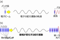 波長よりバンチ長が短い電子ビームからの光の放射と、マイクロバンチがある規則に従って並んだ電子ビームからの光の放射の比較を示す図（理化学研究所の発表資料より）