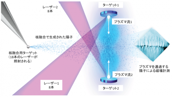  「OMEGA」実験の概要を示す図。高出力レーザーを図の上下に設置された8mm間隔のプラスチックターゲットに照射することによって秒速1000kmで噴射するプラズマを作り、超新星爆発で作られる高速プラズマ流を模擬する。そこに、別のレーザーで核融合反応をおこし、生成された陽子を照射すると、対向プラズマ内に発生した磁場で曲げられ陽子が集まった所が黒く映る。この方法で強い磁場が生成されていることがわかった（大阪大学の発表資料より）