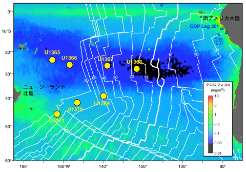 海洋研究開発機構などが実施した統合国際深海掘削計画（IODP）第329次研究航海「南太平洋環流域生命探査」の掘削地点を示す図。色の変化は、表層海水の基礎生産の指標となるクロロフィルaの濃度を示す（海洋研究開発機構などの発表資料より）