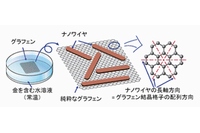 今回の研究の概要を示す図。金を含む水溶液中にグラフェンを浸し、常温で静置すると、グラフェン上にシアン化金が自発的に整列し、ナノワイヤが形成される。ナノワイヤはグラフェンの結晶構造に沿って約６０°ごとに並んでいる。グラフェンナノリボンも同じ向きに生成される（東京大学の発表資料より）