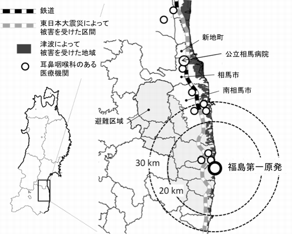 公立相馬病院とその周辺図（東北大学の発表資料より）