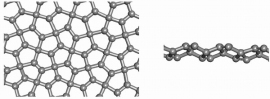 真上から見たペンタグラフェン（左）と横から見たペンタグラフェン（右）。カイロタイリングとして知られる五角形で面を埋めている。ただし、全くの平面ではなく右図のように0.6オングストローム程度の凹凸がある。（東北大学の発表資料より）