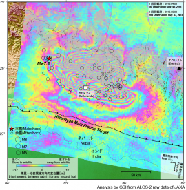 ネパールで発生したマグニチュード7.8の地震の干渉画像（国土地理院の発表資料より）