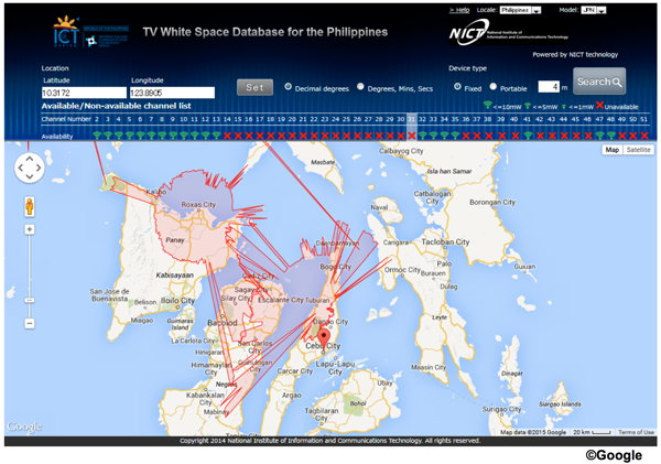 フィリピンのTV放送情報を用いたホワイトスペースデータベースの例
（情報通信研究機構の発表資料より）
