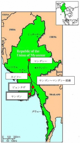 ヤンゴン～マンダレー路線図（出展:独立行政法人 国際協力機構（JICA）） 