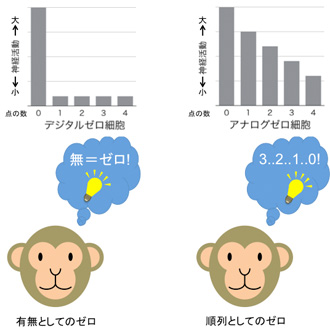 サルは、「有無としてのゼロ」と「順列としてのゼロ」という2種類のゼロを認識した。（図：東北大学医学系研究科の発表資料より）