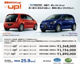 フォルクスワーゲン グループ ジャパン(VGJ)は、スモールカー「up!(アップ!)」の全グレードに、「BlueMotion Technology」を標準装備して販売を開始した。写真は同社Webサイト。