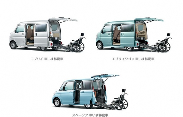 新型「エブリイ 車いす移動車」、「エブリイワゴン 車いす移動車」、「スペーシア 車いす移動車」（スズキの発表資料より）