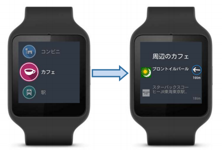 「いつも NAVI for Android Wearβ」の「周辺検索機能」利用時の画面イメージ（ゼンリン発表資料より）