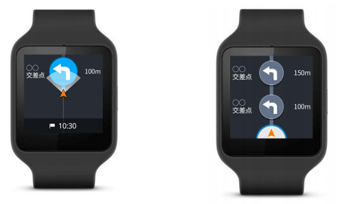 「いつも NAVI for Android Wearβ」の「縦スクロールターン・バイ・ターンナビ」利用時の画面イメージ（ゼンリン発表資料より）