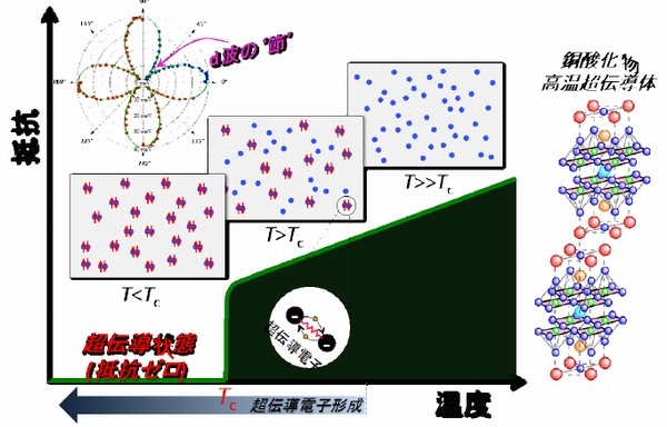 銅酸化物高温超伝導体が冷却されて抵抗ゼロへ超伝導転移するまでの過程図。高温ではバラバラの電子状態だが、ある温度まで冷えると、超伝導温度(Tc)に達する以前の高温であるにも関わらず、2つ一組で構成する超伝導電子(対)を形成し始める。更なる冷却によって、十分な量の超伝導電子が生成して初めて、抵抗ゼロの超伝導状態へと転移する。（東京大学などの発表資料より）