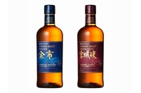 9月1日から全国で発売する「シングルモルト余市ヘビリーピーテッド」(写真左)と「シングルモルト宮城峡シェリーカスク」(各700ml)、アルコール度数は48%と高めにすることで香味を封じ込めている。それぞれ3000本の限定販売だ