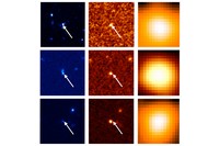 今回の研究で見つかった塵に覆われた銀河 DOGの一部の可視光線 (左: HSC)、近赤外線 (中央: バイキング)、中間赤外線 (右: ワイズ) 画像。各画像の視野は 20 秒角 (1秒角は1度の3600分の1)。DOG は可視光線で暗い一方で中間赤外線で明るく輝いている。(愛媛大学/国立天文台/NASA/ESO)