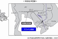 ベトナム、カンボジア、タイを結ぶ幹線道路「南部経済回廊」を示す図（KDDIの発表資料より）