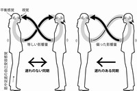 静止立位時の体動は、主に視覚・平衡感覚・筋や足底の自己受容感覚といった三つの感覚で制御されている。今回の研究では、視覚による体動制御が二者間でループすることによって遅れのない同期が実現されることがわかった。（生理学研究所の発表資料より）