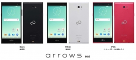 「arrows M02」の外観。カラーは左からBlack、White、Pink（写真:富士通発表資料より）