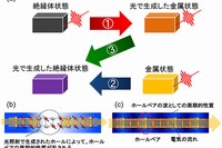 （a）光を使った電気特性制御のスキーム、（b）光で生成した絶縁体状態、（c）金属状態におけるホールペアの流れ。（東京工業大学の発表資料より）