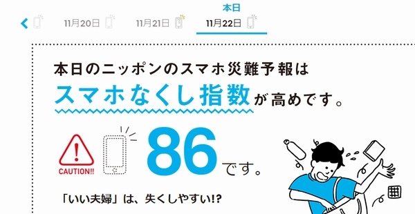 KDDIは19日、スマートフォンに関係する様々な災難を予報する「ニッポンのスマホ災難予報」の提供を開始した。写真は、11月22日の予報。