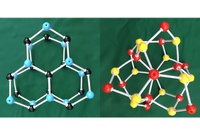 氷の構造（左）と多胞体構造（右）の一部分。1つの球が水1分子を表し、棒が水素結合を表す。六角形のつながり方が異なる。（岡山大学の発表資料より）