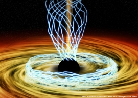 いて座Aスターのブラックホール極近傍領域の想像図。線で示されているのは、今回の観測で観測された磁場構造（磁力線）。（国立天文台の発表資料より）