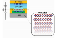 MoS2薄膜をトランジスタのチャネルに用いた電気二重層トランジスタ（EDLT）のデバイス構造。今回の研究で用いたMoS2薄膜の厚さは約20ナノメートル（nm）。正の電圧を加えることでMoS2の表面（原子層1層分の厚さ）にのみ電子が蓄積する。（東京大学などの発表資料より）