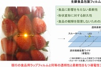 開発した導電性透明ラップフィルムにLEDを接続し、苺の包装フィルムとして用いた例（産総研の発表資料より）