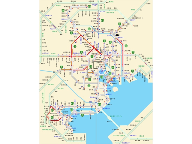 1964年の東京オリンピック開幕直前に基本的な「首都高速道路」が完成した。が、その後バイパスを含めて複雑に進化している。2020年、次の東京オリンピック開催までに、首都の交通インフラは、どう変わるのか?　図版は「日本道路交通情報センター(JARTIC)」の首都圏版