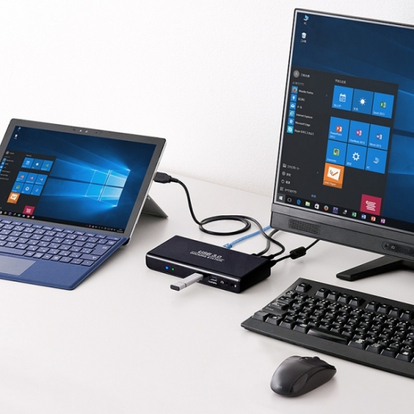 HDMIやDVI、USB3.0×2 & USB2.0×4ポート、有線LANポートを搭載し、Windowsタブレットにも対応可能なUSB3.0ドッキングステーション「400-VGA009」（サンワプライ発表資料より）