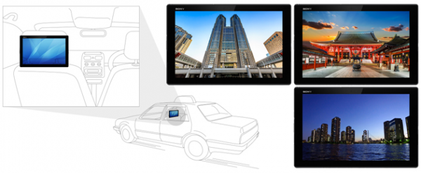 タクシーに設置されるデジタルサイネージのイメージ（JapanTaxi発表資料より）
