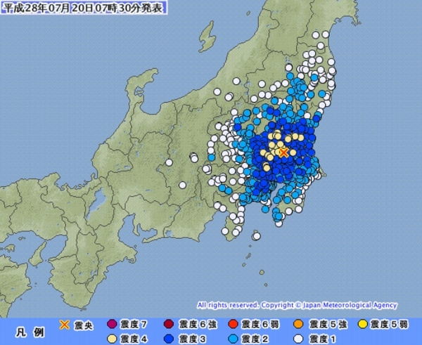 20日7時25分ごろ、関東地方で最大震度4の地震があった。写真は、気象庁がWebサイトで公開した、震源と各地の震度を示す図。