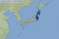 気象庁が15日16時8分に発表した各地の震度を示す図。（気象庁のWebサイトより）