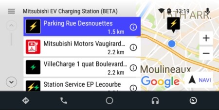 Andriod Auto対応「電動車両サポート」アプリ（デモ版）のイメージ画像（三菱自動車の発表資料より） 