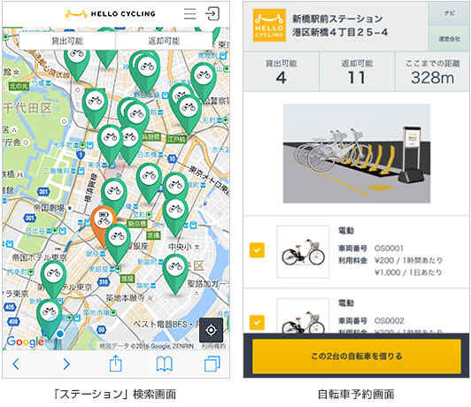 スマートフォンのステーション検索画面と自転車の予約画面のイメージ（写真：ソフトバンク発表資料より）