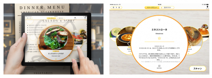 スマホのカメラを使ったメニューの翻訳と情報閲覧の利用イメージ（NTTドコモ発表資料より）