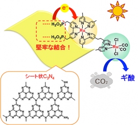 シート状C3N4とRu複核錯体を組み合わせた複合光触媒によるCO2還元。（画像：東京工業大学発表資料より）