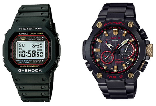 G-SHOCK、初号機DW-5000C（左）と、累計1億個を記念して裏にナンバリングを施されたMRG-G1000B-1A4。（画像：カシオ計算機発表資料より）