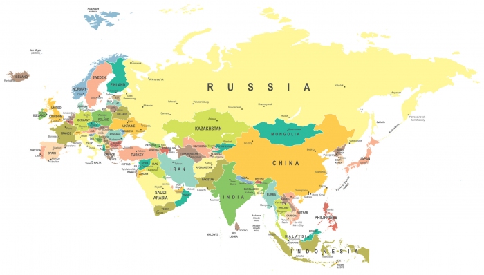 ユーラシア大陸。ロシアの中央やや左の南側に面しているのがカザフスタンである。