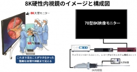 8K硬性内視鏡のイメージと構成図(写真: シャープの発表資料より)