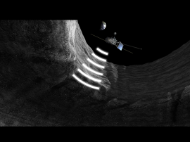 月周回衛星SELENE（かぐや）による観測の様子（想像図）。
 (c)JAXA/SELENE/Crescent/Akihiro Ikeshita for Kaguya image