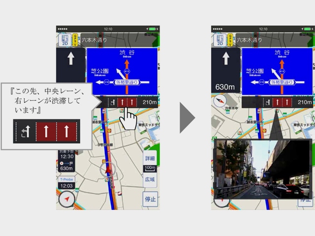 写真はレーン別渋滞情報のスマートフォン表示イメージ。情報を表示可能な場所に近づくと、渋滞しているレーンを色で表示し、同時に音声で知らせ、タップすると映像がポップアップする