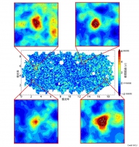 HSCサーベイ（探査観測）により明らかにされた約120億年前の銀河の分布と原始銀河団領域の拡大図。（画像：国立天文台発表資料より）