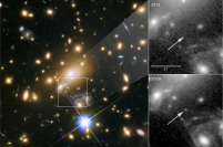 ハッブル宇宙望遠鏡により撮影されたイカロスの画像。左は銀河団 MACS J1149+2223におけるイカロスの出現位置を示している。右はイカロス付近のハッブル宇宙望遠鏡画像の拡大図。 2011 年（右上）には観測されていなかったイカロスが 2016 年（右下）の観測で出現していることがわかる。（credit: NASA/ESA/P. Kelly）