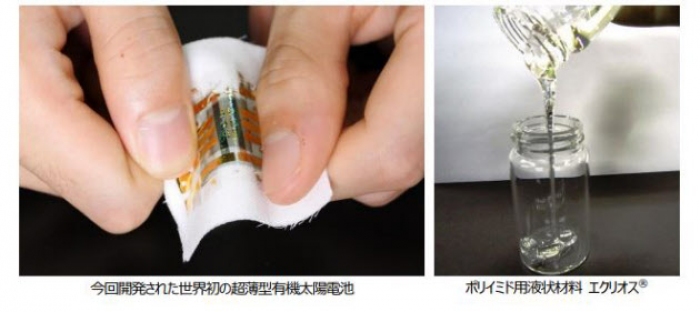 超薄型有機太陽電池（図左）とポリイミド用液体材料エクリオス（図：三井化学の発表資料より）