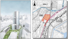 地区の完成イメージ(左)と施設の位置（住友不動産発表資料より）