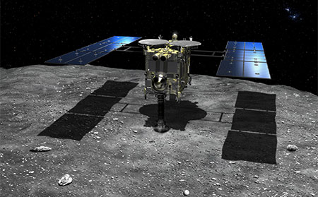 「はやぶさ2」の人工クレーターへのタッチダウン（想定）(画像: 宇宙航空研究開発機構、提供：池下章裕)